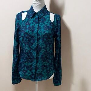 LAMOUR Elegant Teal Floral Blouse with Cutout Design